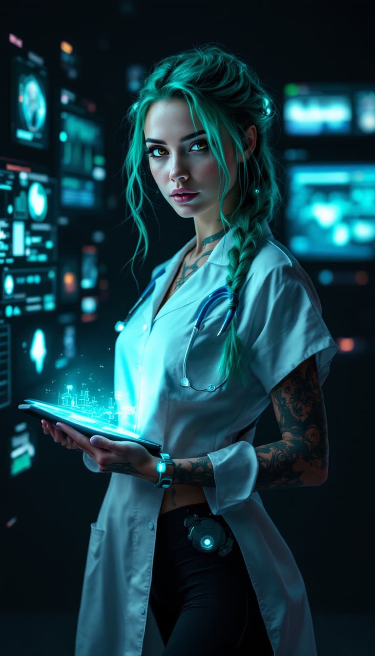 AI generated: A sophisticated cyberpunk medic stands out against a dark, gradient-black backdrop, with the glow of...