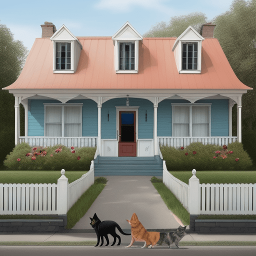 AI generated: house with person in front with a dog and a cat next to them. The house has a big sign that says "FO...