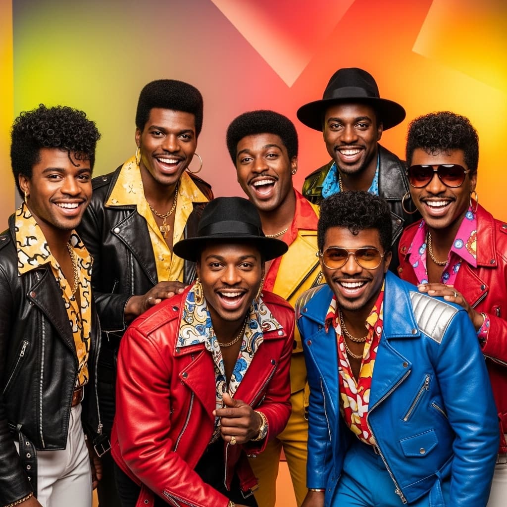 AI generated: 1980s funk and soul band, six stylish African-American men posing together for a promotional photo, ...