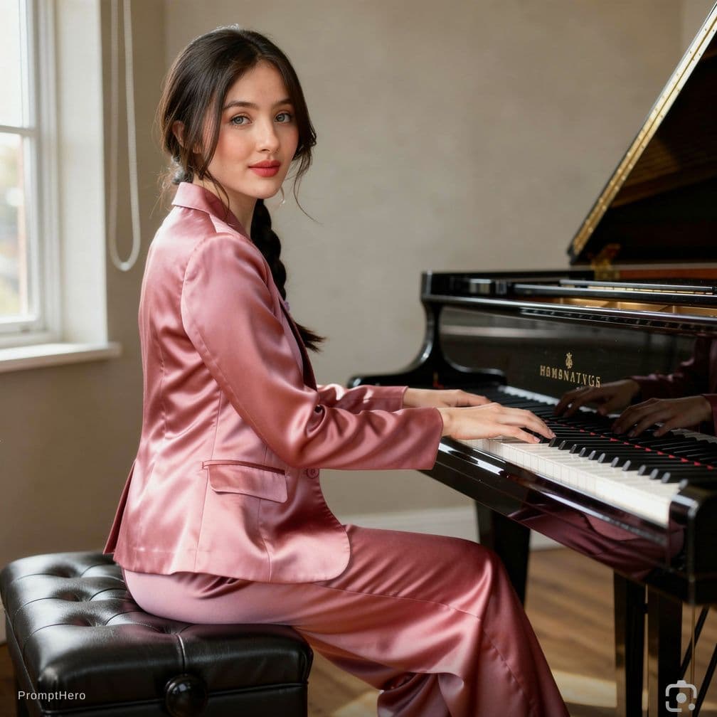 AI generated: She sits on a sleek, black piano bench, her body turned slightly to the side, showcasing the dramati...