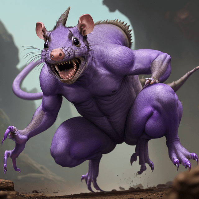 AI generated: front view of a jumping  prehistoric, wild, ugly, scary, giant violet rat, 8k