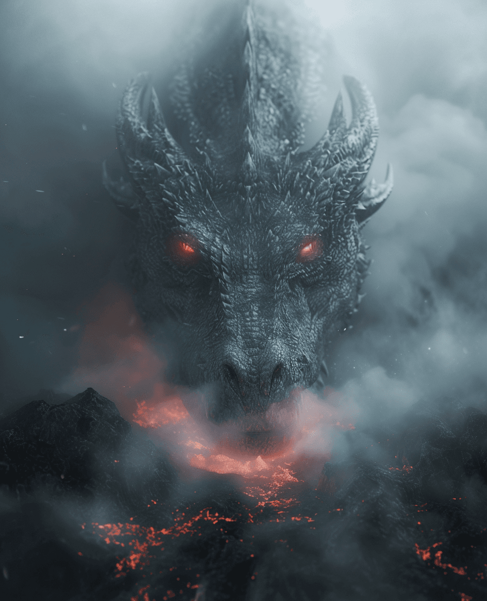 AI generated: A cinematic movie still of an epic giant dragon head with the face of greatness. The weather is fogg...
