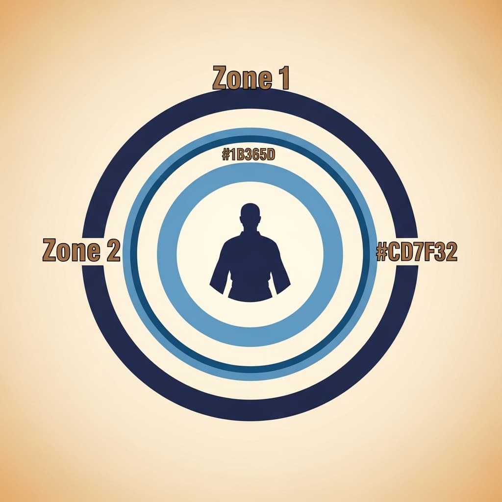 AI generated: Concentric circles diagram around central human silhouette. Navy blue figure (#1B365D) in center, th...