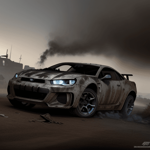 AI generated: ((Concept Sport Car)), realism, Tank, powerful , Dirt, brick , smoke, GTA style, A wrecked car, Apoc...