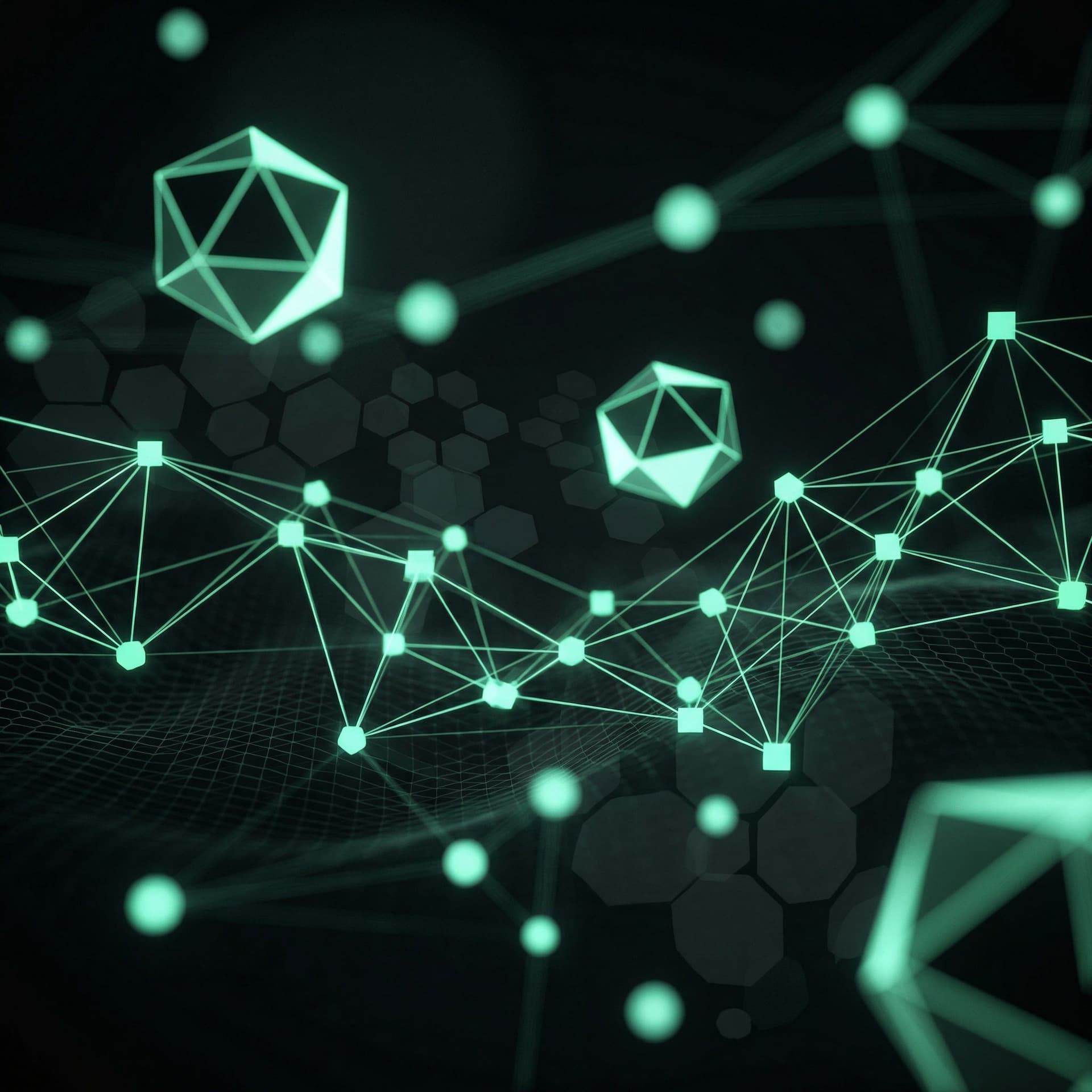 AI generated: Abstract geometric tech network visualization in dark theme, featuring interconnected nodes and glow...
