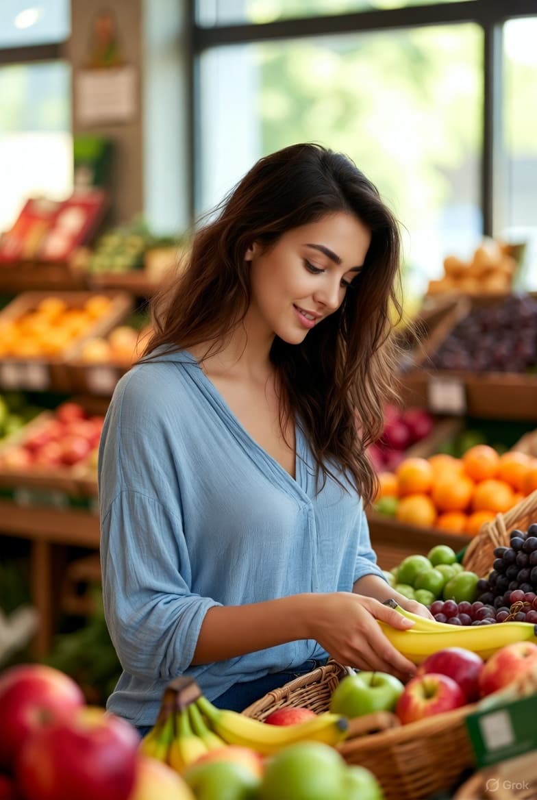 AI generated: woman, at a grocery store, choosing fruits, sunny smile

