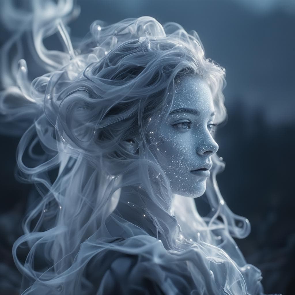 AI generated: The image features a smoke-like representation of a beautiful goddess, which appears to be a white a...