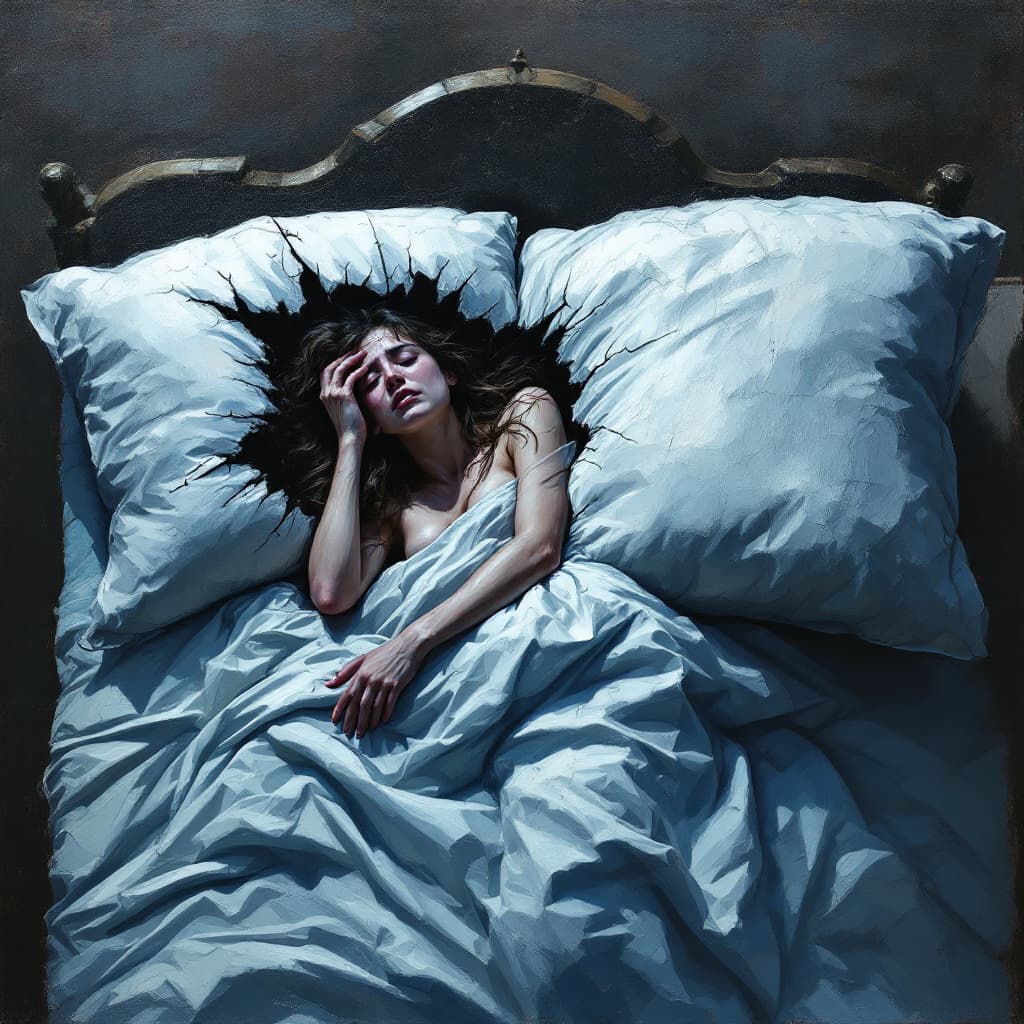 AI generated: Impasto oil painting: Create an image of a woman lying in a king sized bed, crying. Lying next to he...