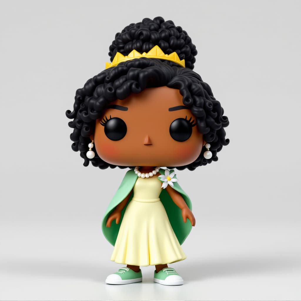AI generated: Funko Pop Figure Description:

Hair: Black curly hair, with a high bun, some curls in front and side...