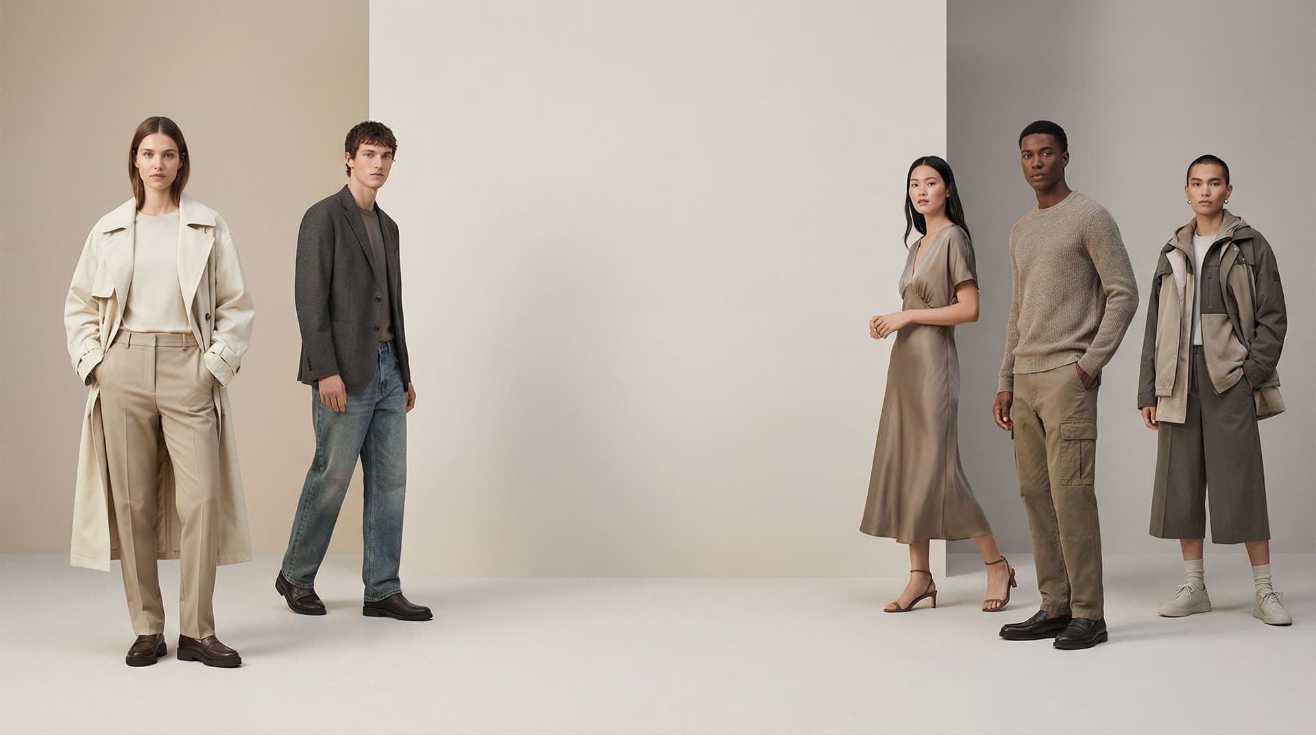 AI generated: Clean and modern fashion background for an AI Outfit Generator. Multiple human models wearing differ...