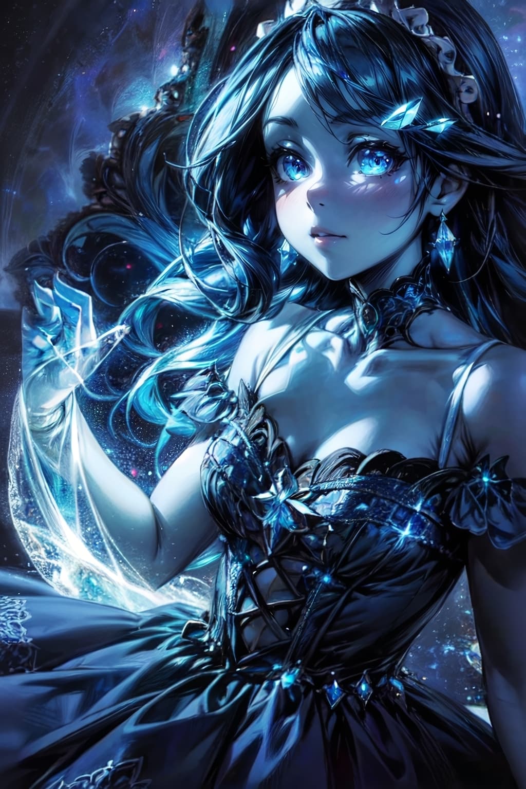 AI generated: an image of a blue dress in the dark, in the style of detailed character design, digital airbrushing...
