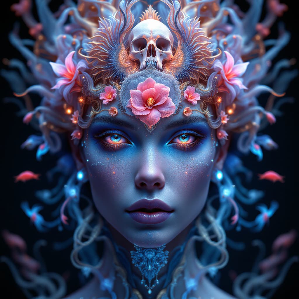 AI generated: Goddess close-up portrait ribcagel. jellyfish phoenix head, nautilus, orchid, skull, betta fish, bio...