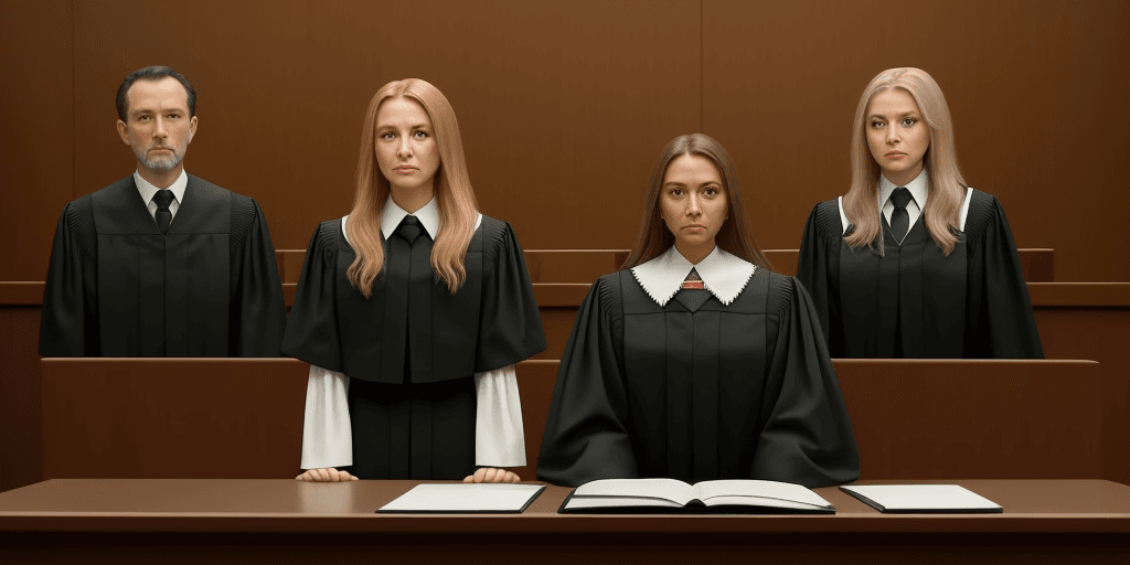 AI generated: Create a high quality graphic that shows human legislators and an AI judge in a courtroom