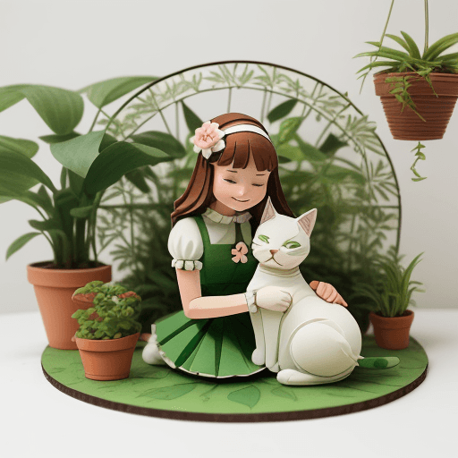 AI generated: A paper craft art depicting a girl giving her cat a gentle hug. Both sit amidst potted plants, with ...