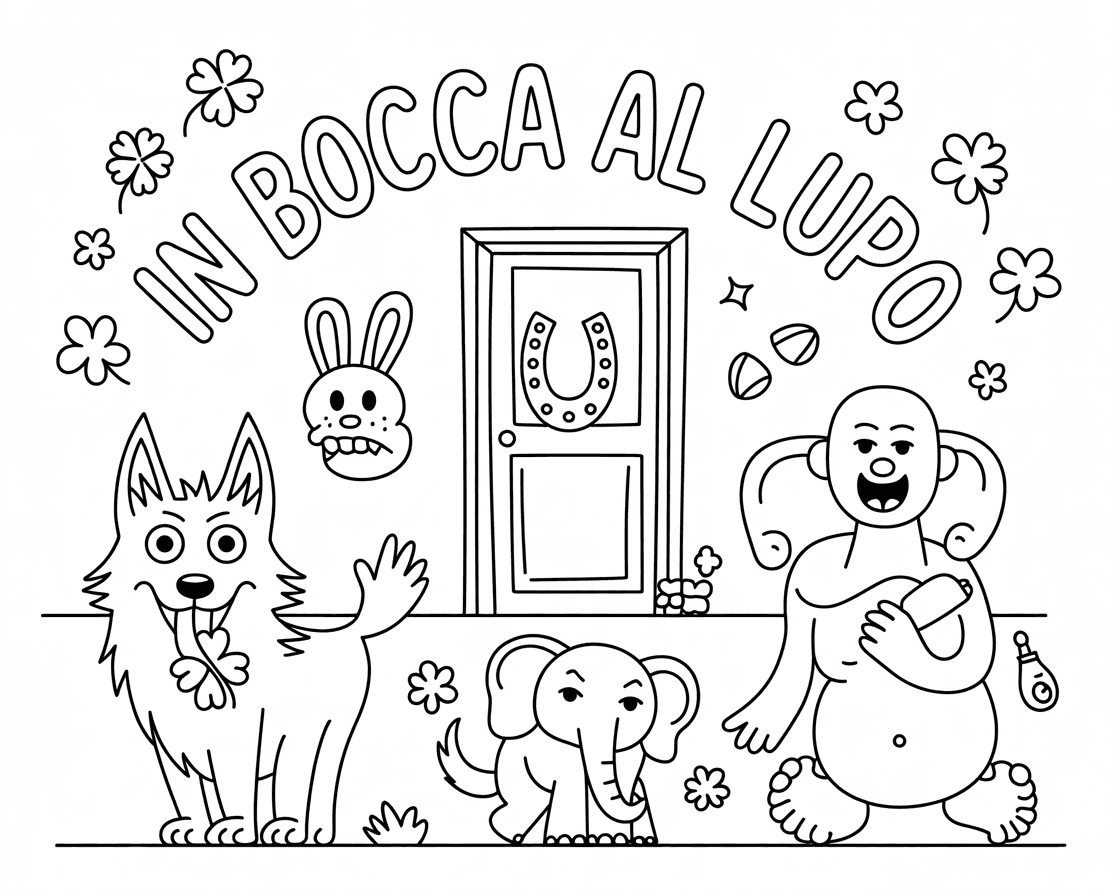 AI generated: I'd like a funny, ironic illustration based on the Italian phrase in highlight "in bocca al lupo," w...