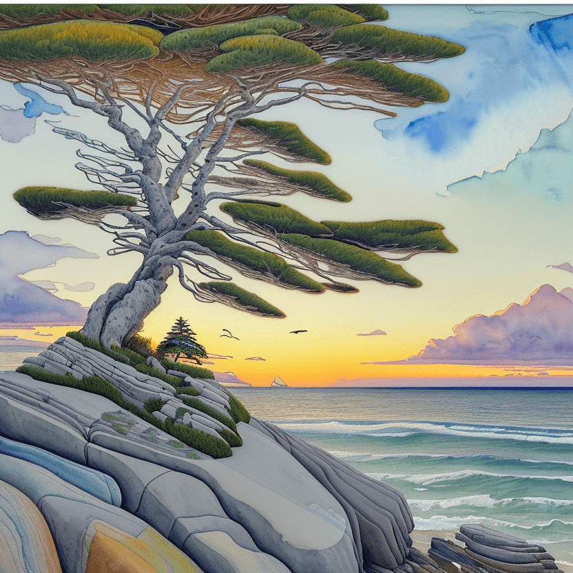 AI generated: a painting of a tree sitting on top of a rock, a watercolor painting, inspired by Arthur Lismer, cg ...