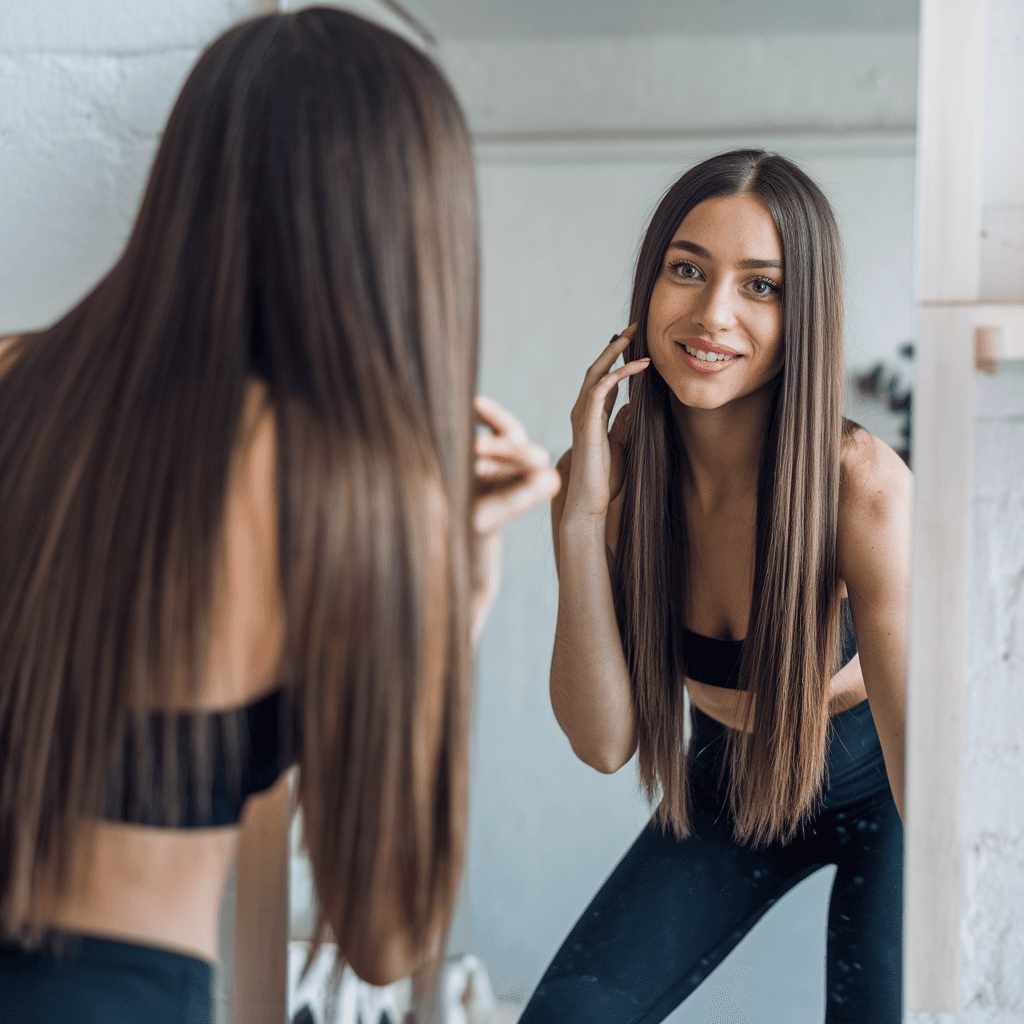 AI generated: the girl takes a photo with her phone of herself in the mirror, she has 24 years old, has straight b...