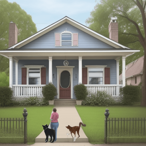 AI generated: house with person in front with a dog and a cat next to them. The house has a big sign that says "FO...