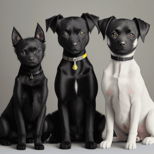AI generated: an original sized black cat with yellow eyes sits next to two dogs, one is a Patterdale terrier dog,...