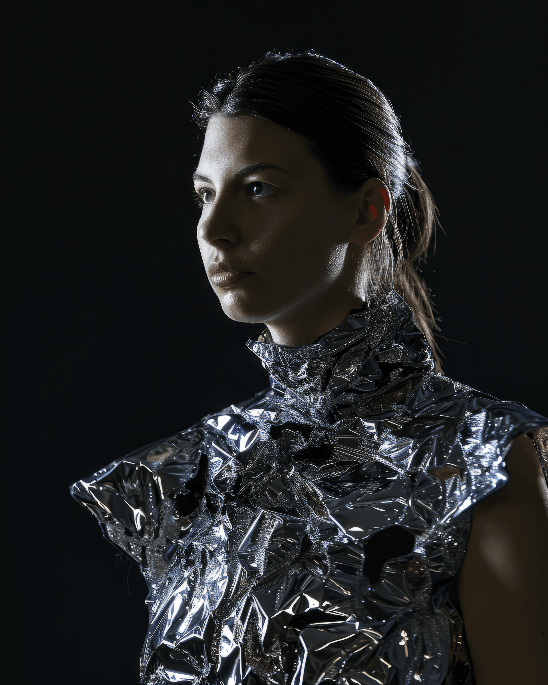 AI generated: a serious woman wearing a dress made of ral-reflectivest ringlight, stone wallpaper, black backgroun...
