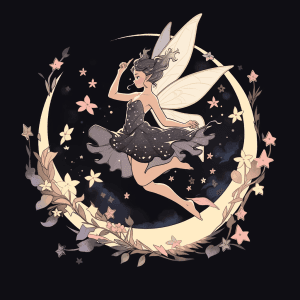 AI generated: Whimsical tshirt design, Fairy, flying with stars, hd, 16lk, by Travis Charest, twinkling star-shade...