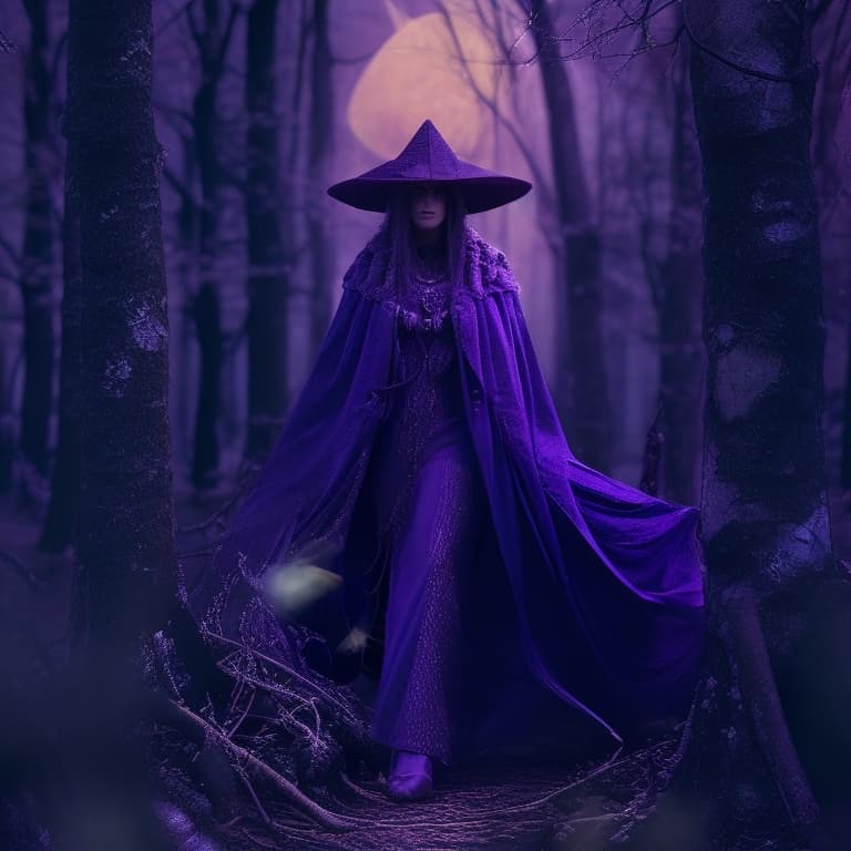 AI generated: A mysterious witch, clocked in purple chaos, energy stan 0, looking horrible, cinemativ view