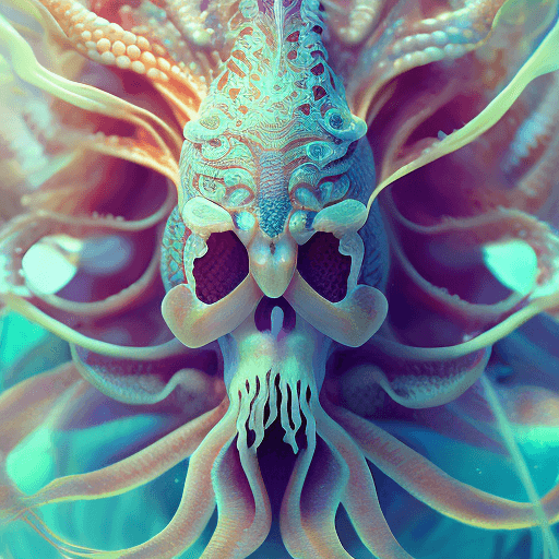 AI generated: Goddess close-up portrait ribcagel. jellyfish phoenix head, nautilus, orchid, skull, betta fish, bio...