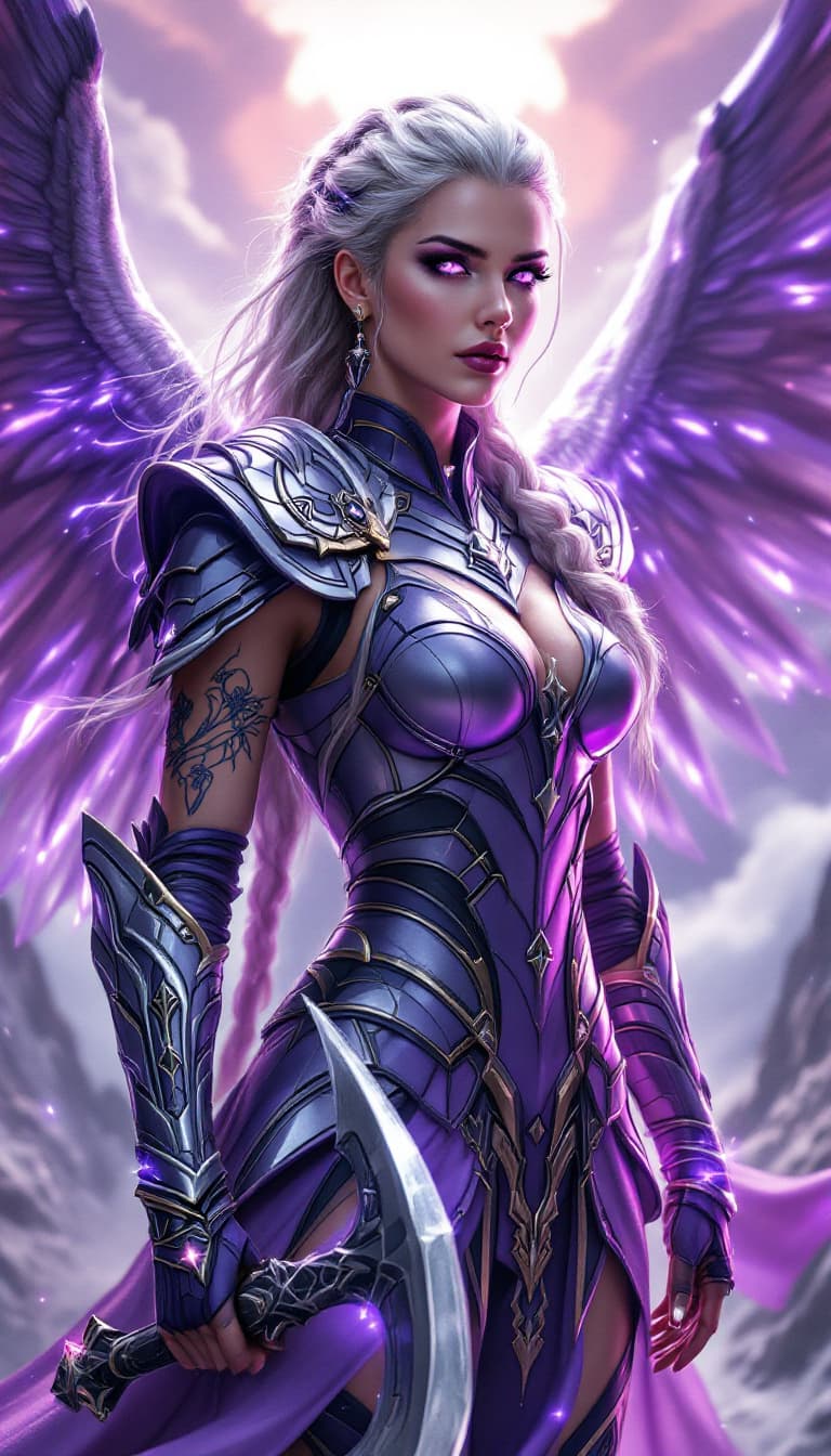 AI generated: An ultra-realistic, full-body action shot of an imposing violet valkyrie woman, radiating power and ...