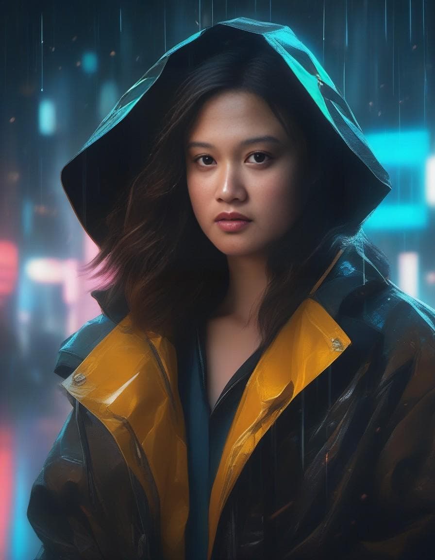AI generated: a detailed portrait of European Pretty Young Girl Storm Rain movie Jacket coat, Futuristic sci-fi fa...