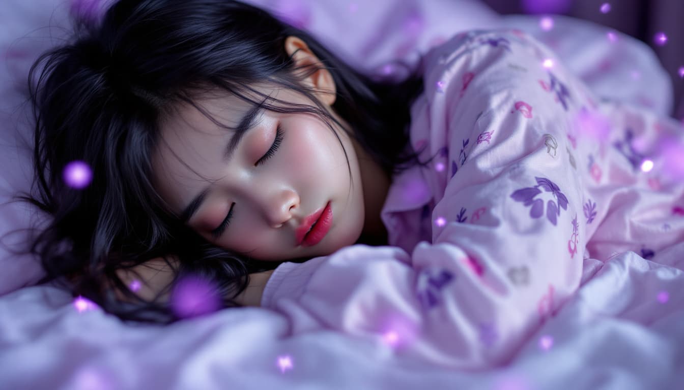 AI generated: Full body photo of Risa, a Japanese girl, wearing a pajama, She was sleeping in bed and pressed the ...