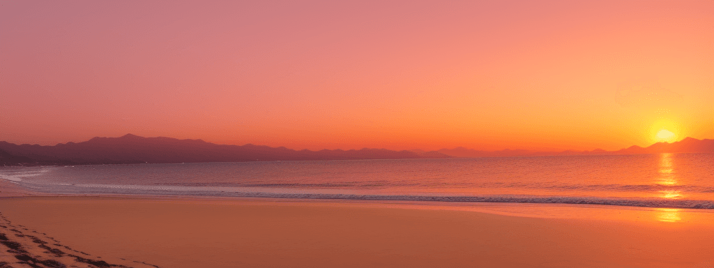 AI generated: A pristine beach bathed in the warm hues of a setting sun. Golden sands stretch for miles, meeting t...