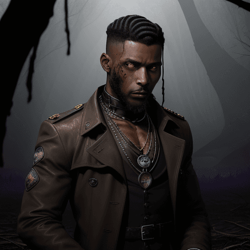 AI generated: A black man, with short fade and line in hair, in a torn, government issued, blood stained trench co...