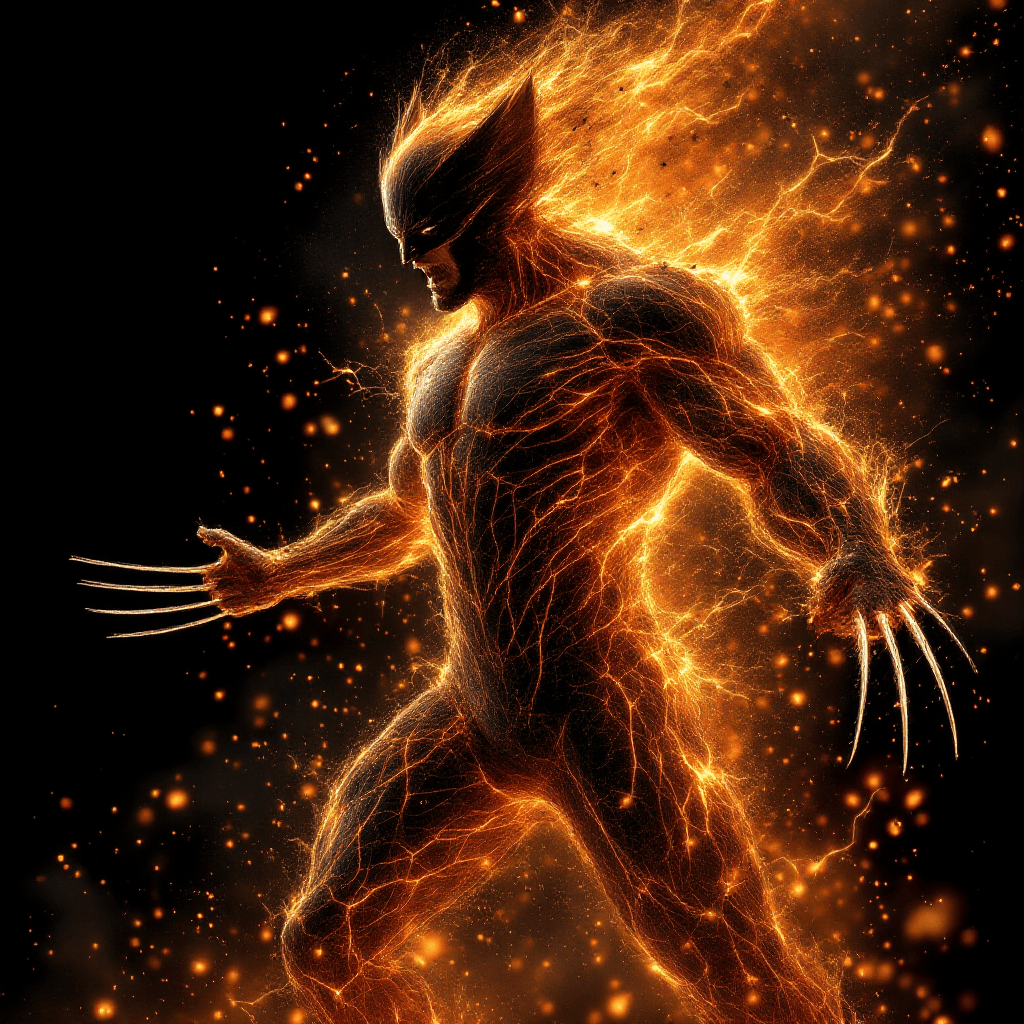 AI generated: Wolverine as a god of fire disintegrating form lunging, the unrepentant Wolverine arms outstretched,...