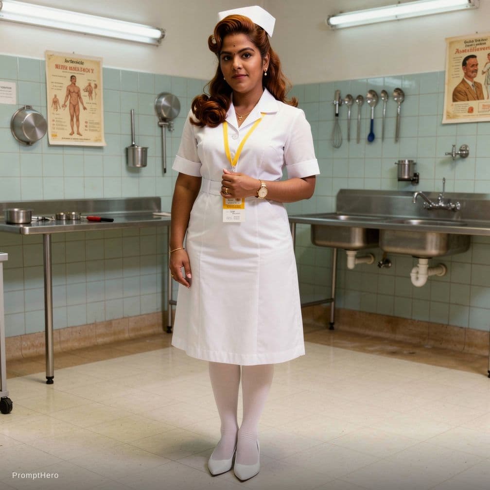 AI generated: A playful yet provocative scene of a curvy nurse with an hourglass figure and soft athletic thighs, ...