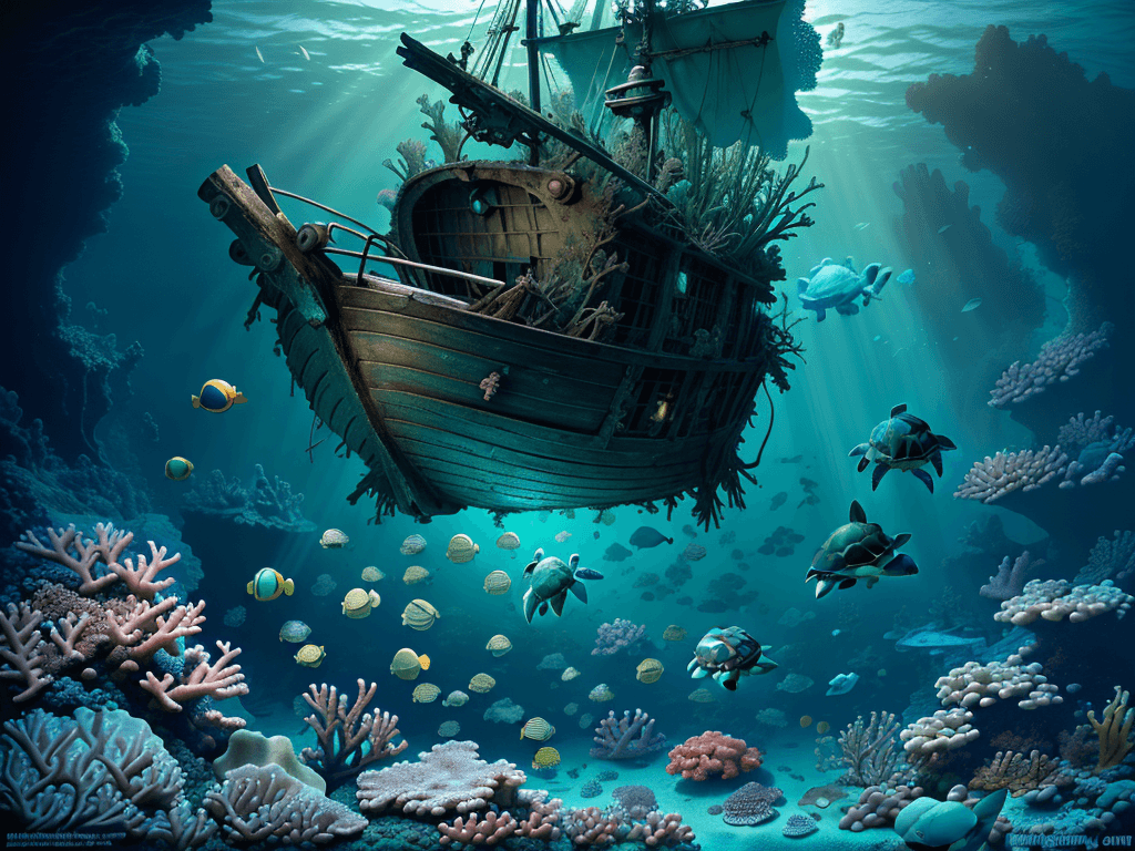 AI generated: a deeper dreamy old little boat wreck, happy baby green turtle floating and looking at us, corals, s...