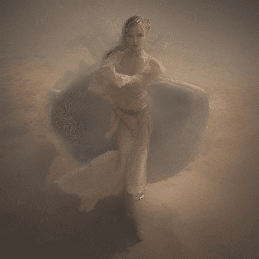 AI generated: /imagine The camera angle is a wide shot from up and above looking down at the dancer from far away....
