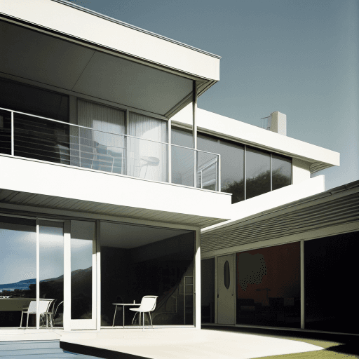 AI generated: Hyper realistic eye level exterior photo of a mid century modern style house overlooking the ocean, ...