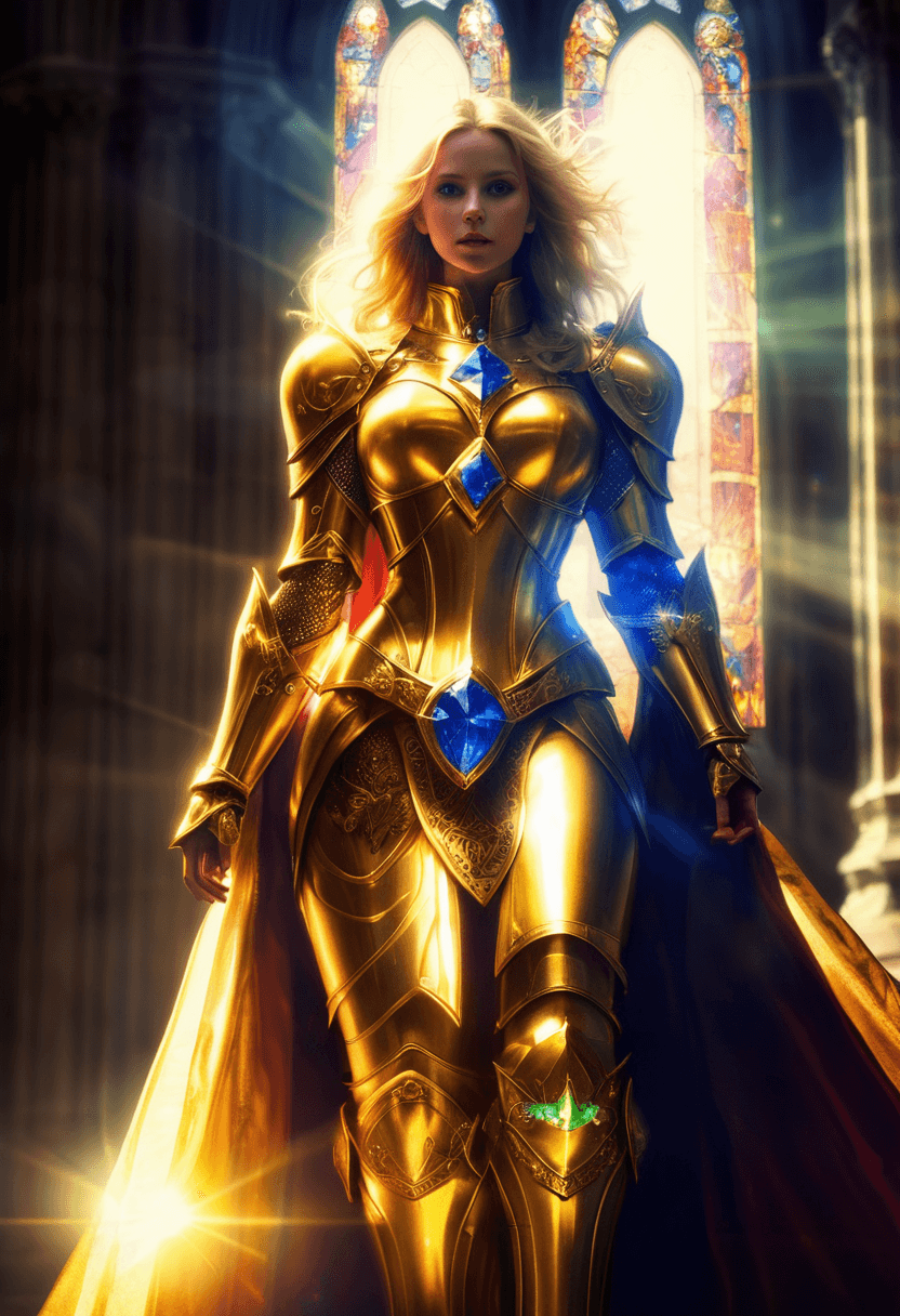 AI generated: dreamscape, epic, mystical, she wears glowing golden armor, glowing sapphire gemstones, golden sunli...