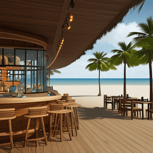 AI generated: a beach resort created with containers,glass,wood,modern style,restorant,beach bar,tables,3ds max,co...