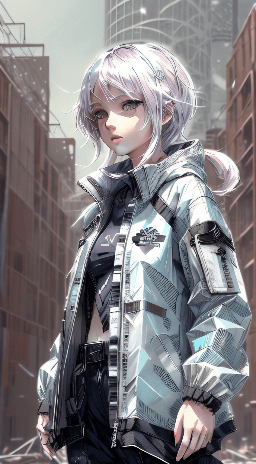 AI generated: white,totally white,pastel colors,hachures,1girl with techwear clothes,sexy,papercute background, ar...