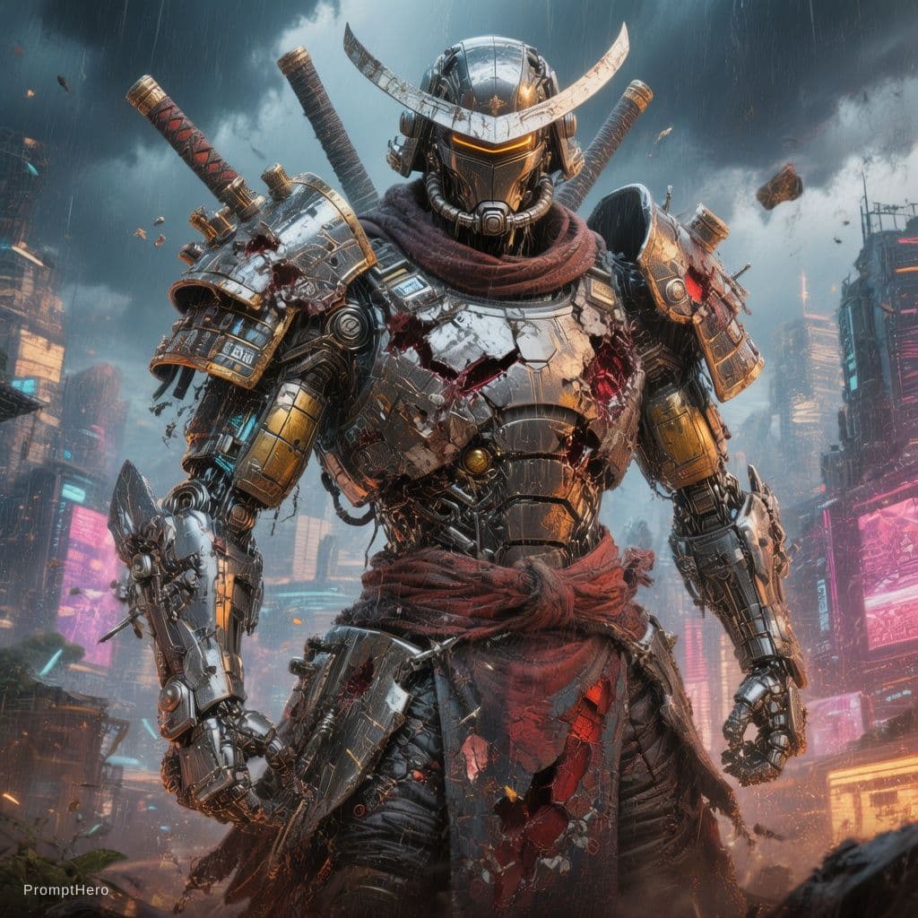 AI generated: Futuristic android robot Samurai, heavy damages, proud pose, epic composition, warframe, Ultrakill, ...
