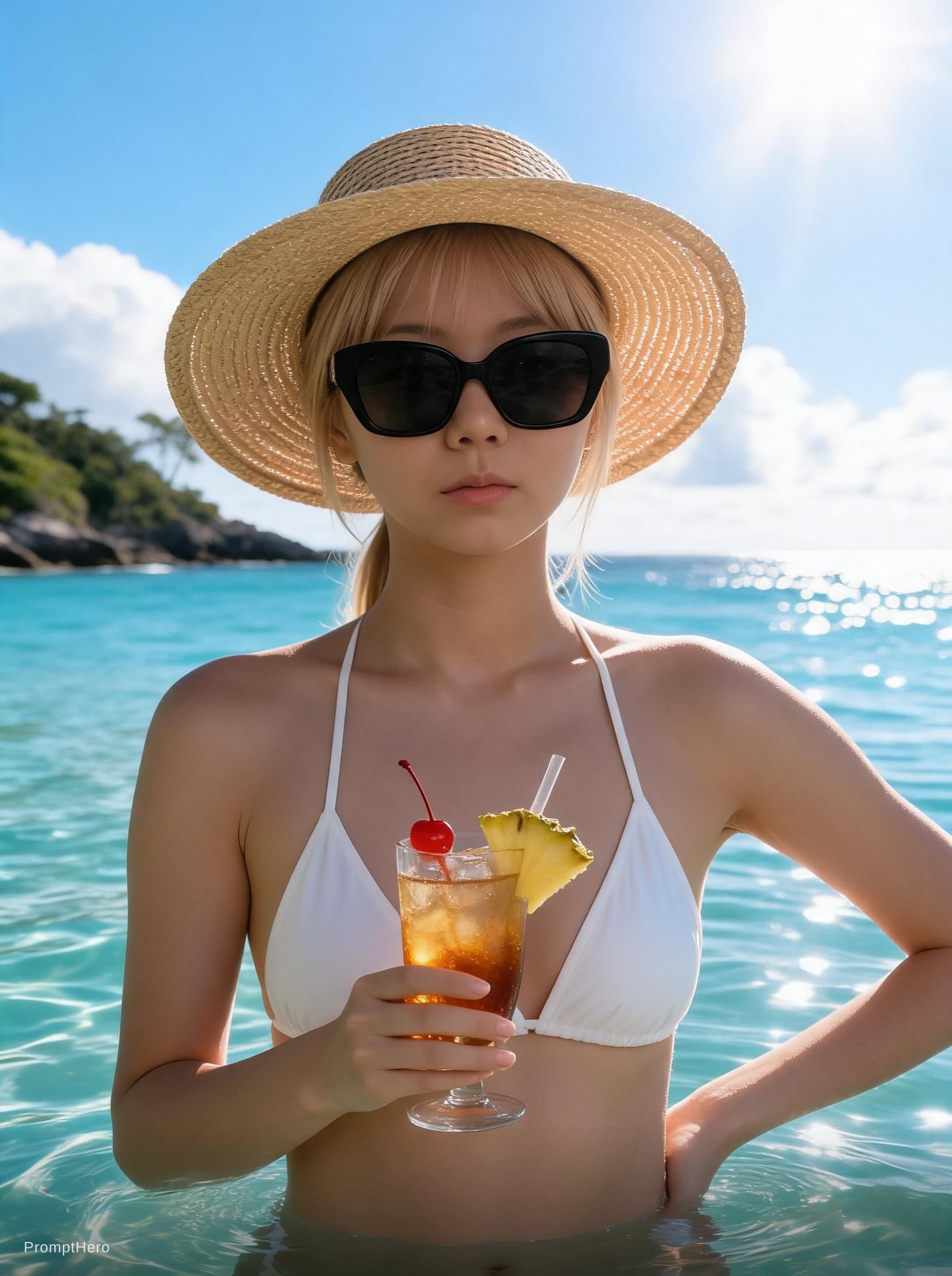 AI generated: A photorealistic, cinematic portrait of a woman standing waist-deep in crystal-clear turquoise water...