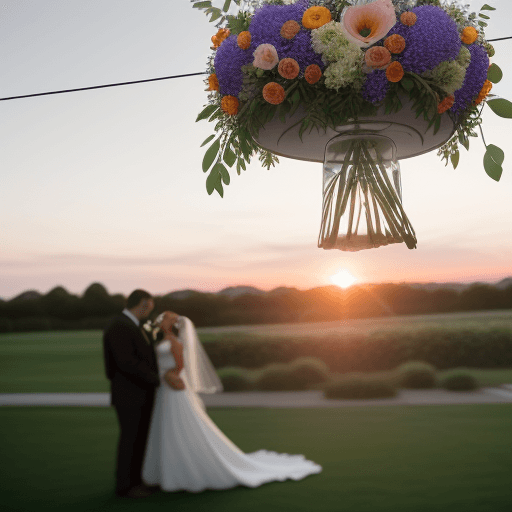 AI generated: Hanging flowers at an outdoor wedding at sunset, film grain, high quality, studio shoot, Nikon D850