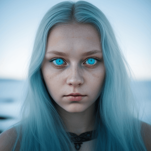 AI generated: Photo of a girl named Olga Lisha  looking like a scandinavian valkiria with turquoise blue eyes.
