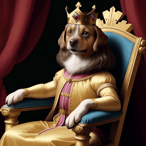 AI generated: a dog wearing a renaissance costume and a crown, while sitting on a throne