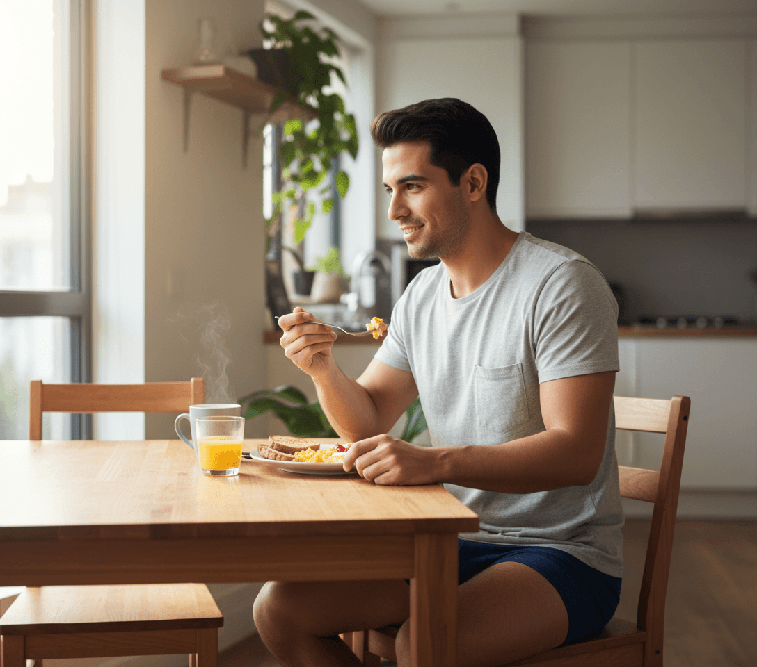 AI generated: Morning day light. Hispanic male, brown skin 5'0" tall, he is eating breakfast, seated,  wearing a l...