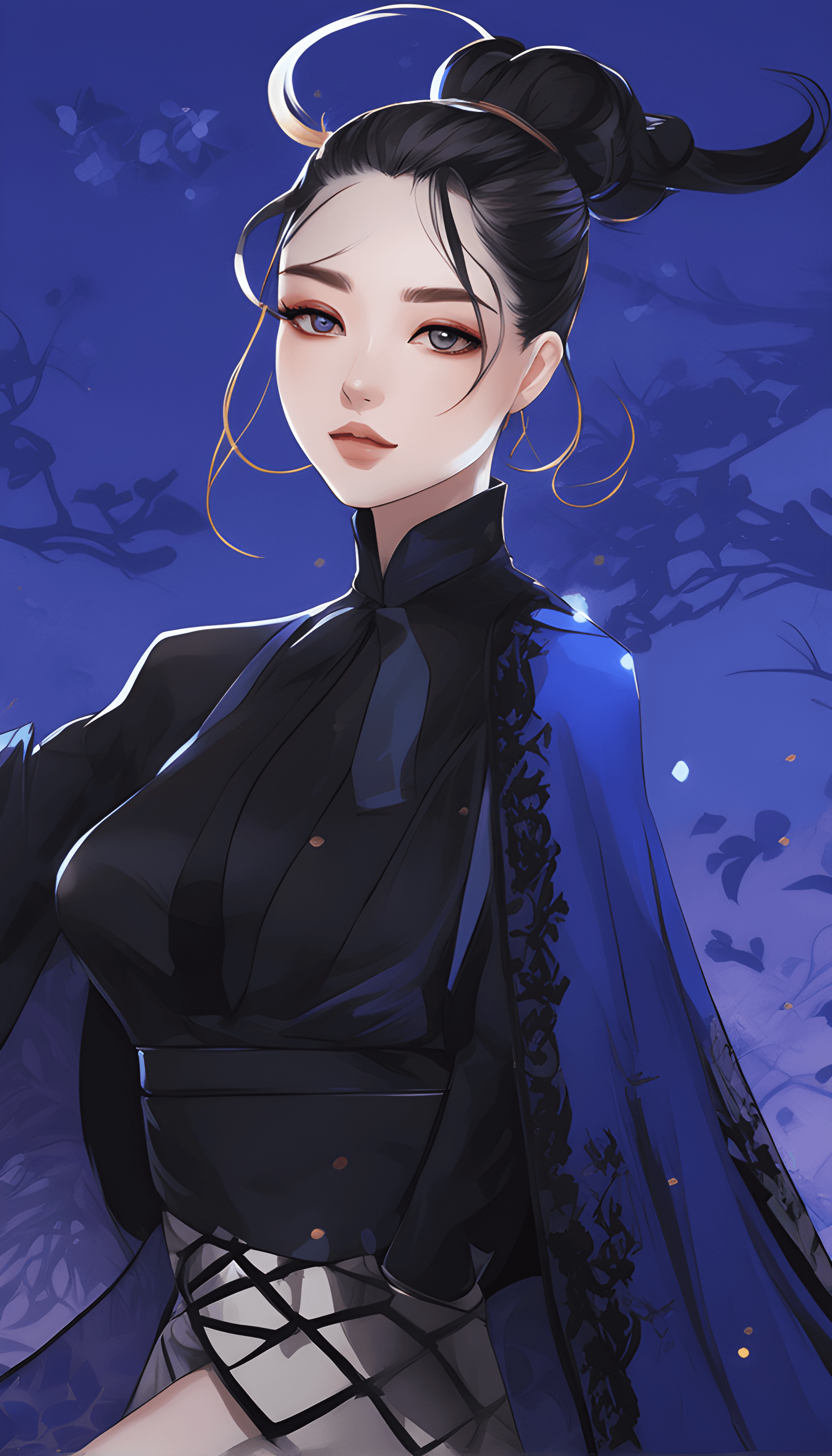 AI generated: anime girl with a black cape and a blue dress, digital art of an elegant, in the art style of bowate...