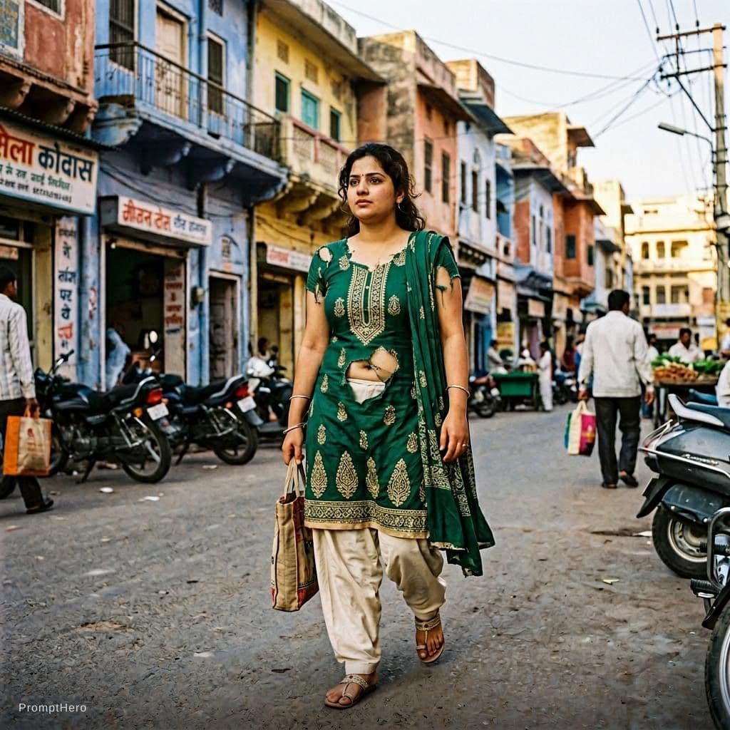 AI generated: indian girl white skin, and masive boobs,on street with traditional indian costume, the t-shirt is b...