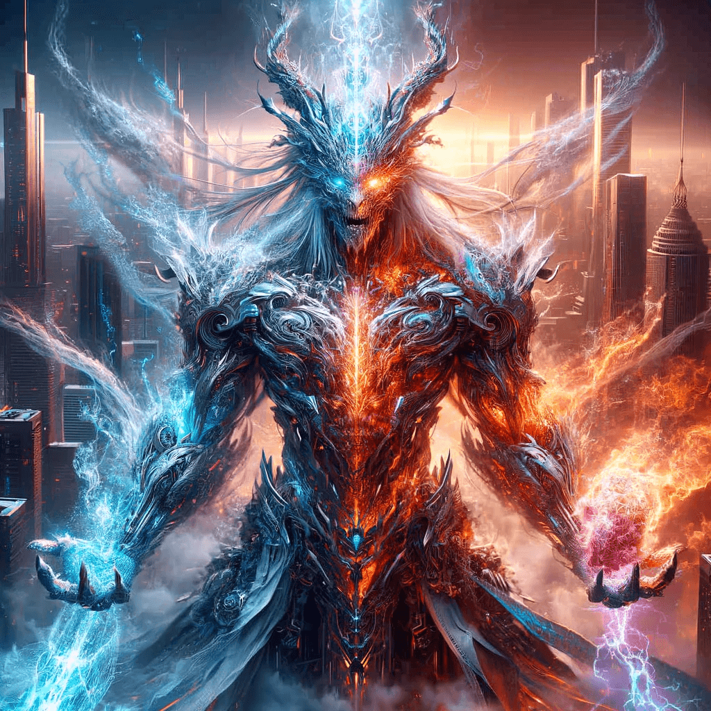 AI generated: Envision an elemental sentinel of a stoic creature embodied as a guardian of both destruction and pr...