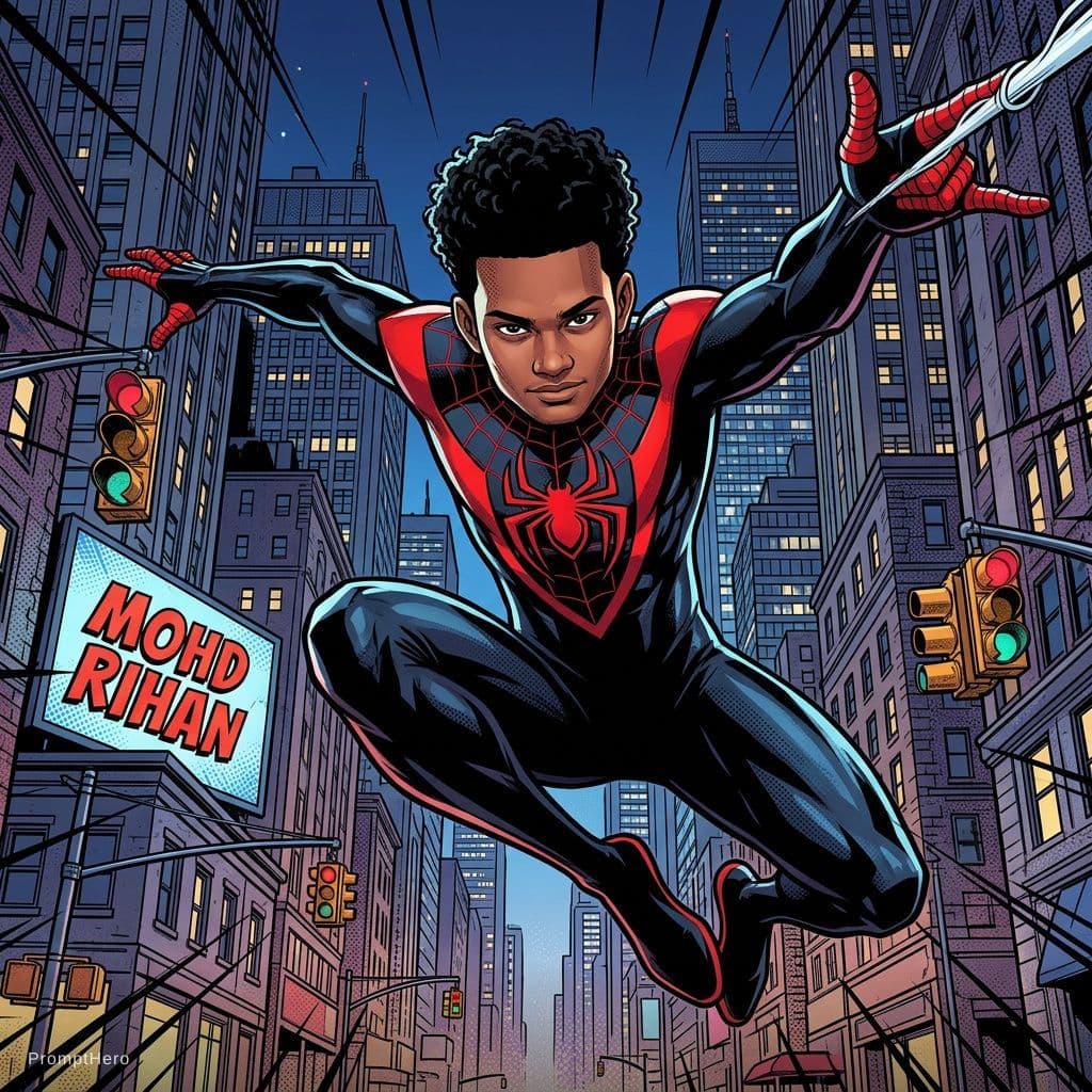 AI generated: spider man, Miles Morales, comics art, render, high detai --ar 9:16,my name should be (MOHD RIHAN), ...